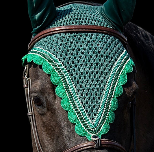 Tiedown Bonnets - Full - Hunter Green Base/Kelly Green Scalloped Edge/3 Clear Bling/2 Piping