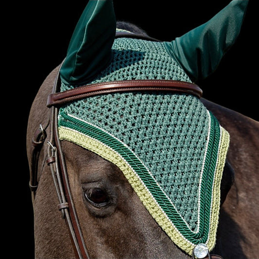 Tiedown Bonnets - Full - Hunter Green Base/Olive Straight Edge/2 Clear Bling/1 Hunter Green Bling/2 Piping
