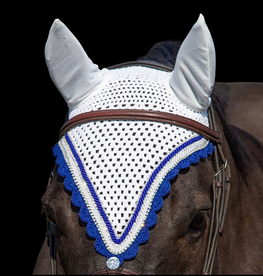 Tiedown Bonnets - Full - White Base/Royal Blue Scallops/3 Clear Bling/Royal Blue and White Piping
