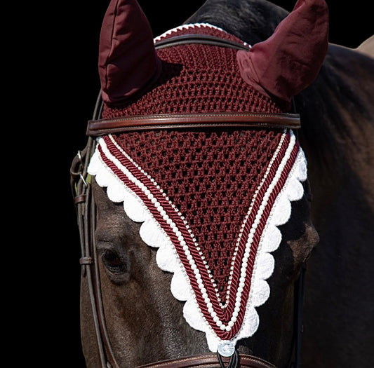 Tiedown Bonnets - Full - Burgundy Base/White Scallops/1 White Pearl/2 Clear Bling/2 Piping