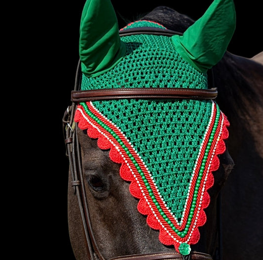 Tiedown Bonnets - Full - Kelly Green Base/Red Scallops/1 Green Pearls/2 Clear Bling/2 Piping