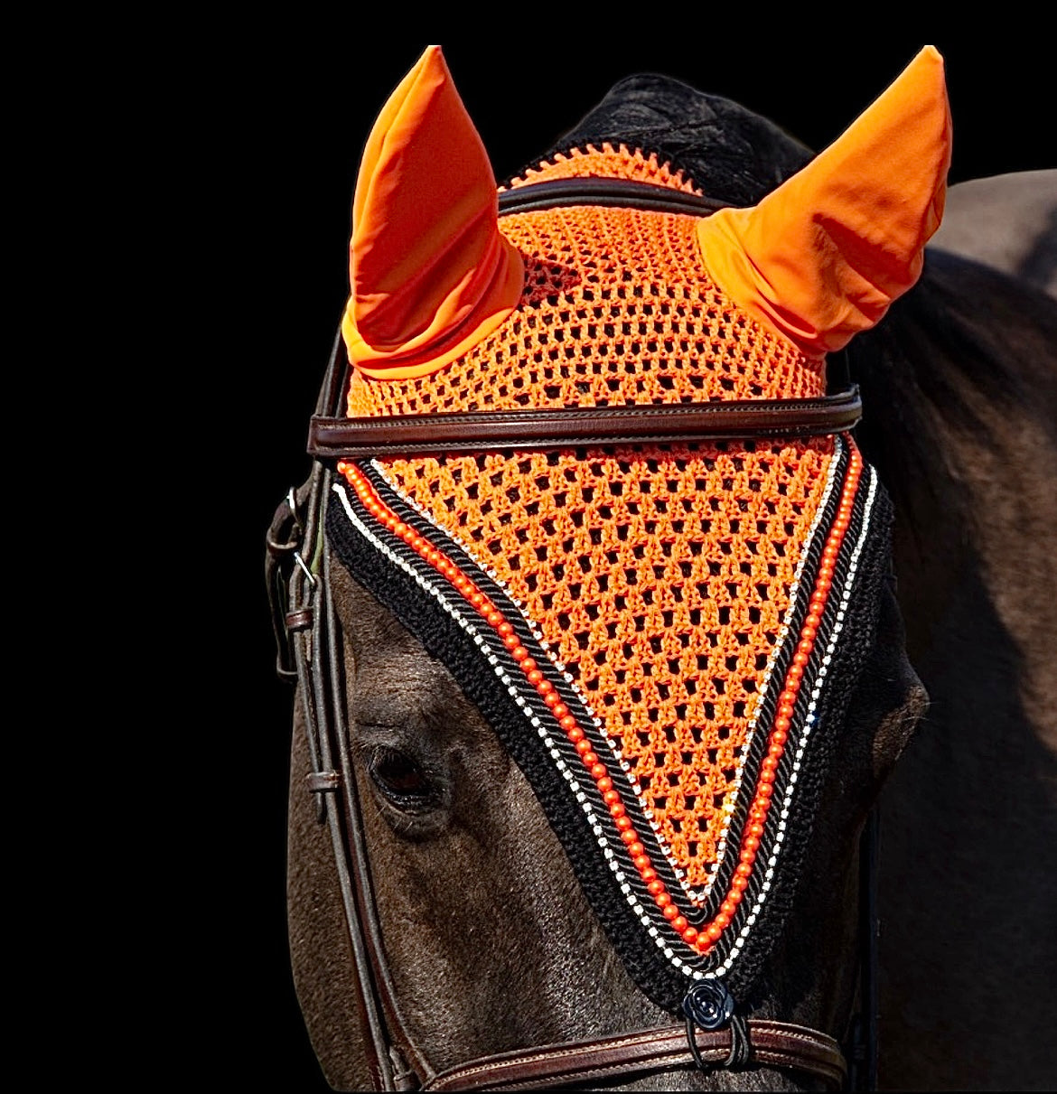 Tiedown Bonnets - Full - Orange Base/Black Straight Edge/2 Clear Bling/1 Orange Pearl/2 Black Piping