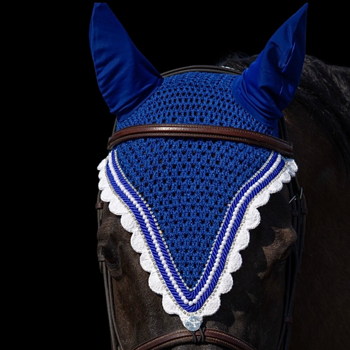 Tiedown Bonnets - Full - Royal Blue Base/White Scallops/1 White Pearl/2 Clear Bling/2 Piping