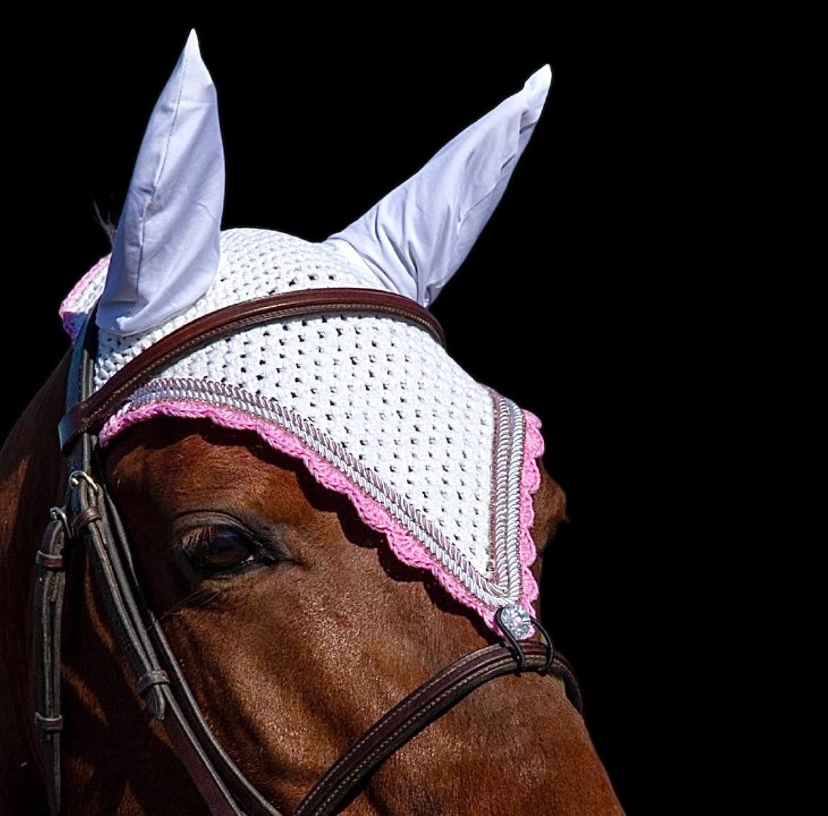 Tiedown Bonnets - Cob - White Base/Pink Scallops/2 Pink Bling/1 Clear Bling/2 Piping