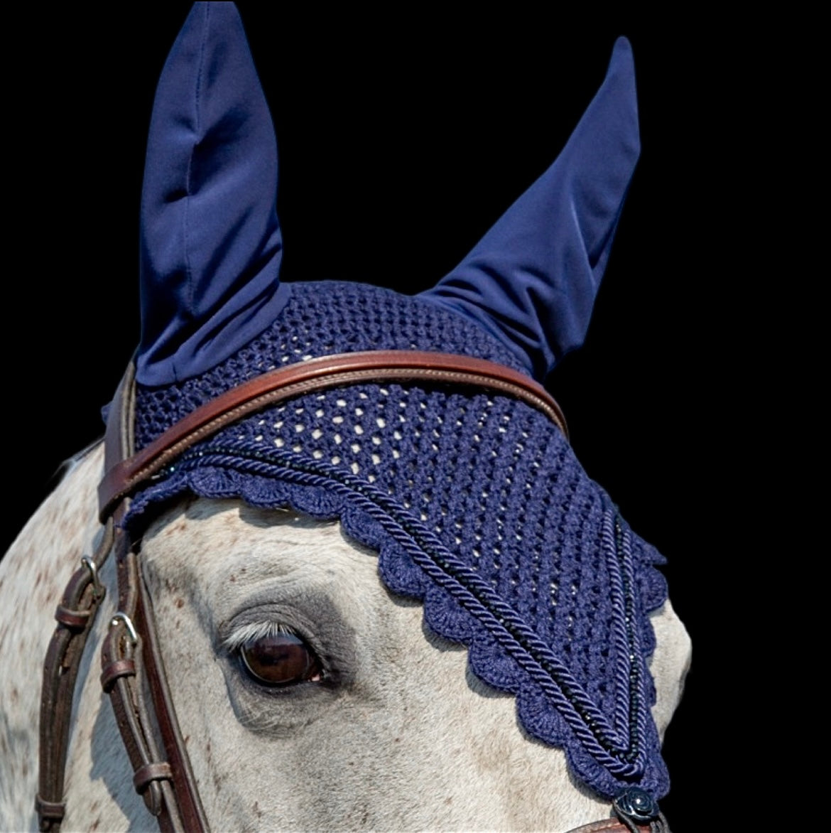 Tiedown Bonnets - Full - Navy Base/Navy Scallops/1 Black Crystal/2 Piping
