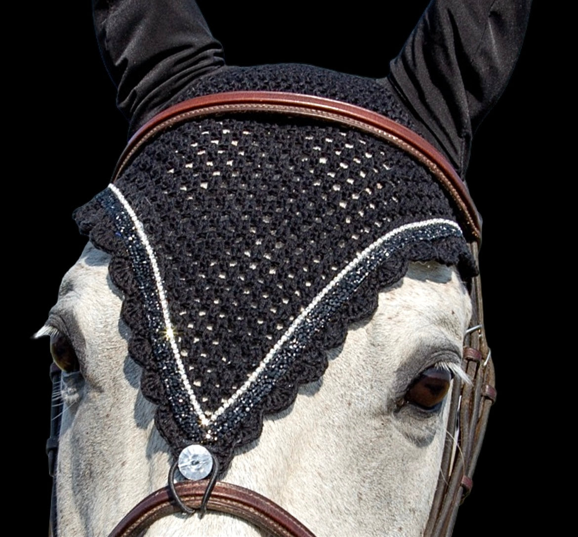 Tiedown Bonnets - Full - Black Base/Black Scallops/1 Clear Bling/ 1 Black Crystal Ribbon