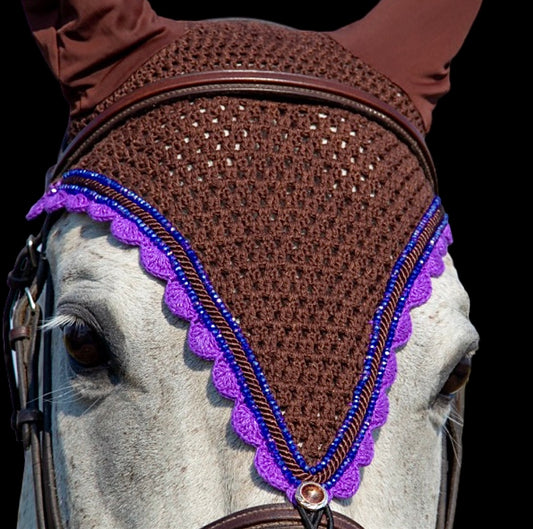 Tiedown Bonnets - Full - Brown Base/Purple Scallops/2 Indigo Crystals/1 Piping