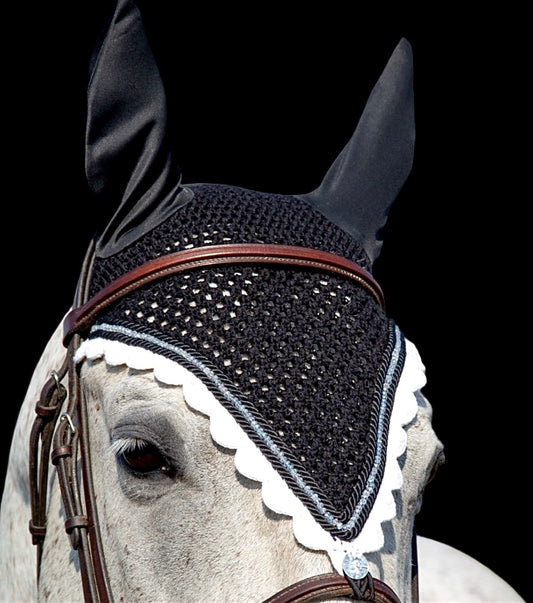 Tiedown Bonnets - Full - Black Base/White Scallops/1 Silver Crystal/2 Piping