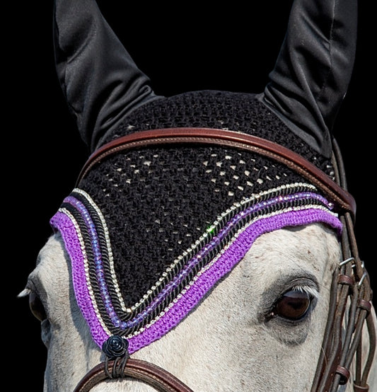 Tiedown Bonnets - Full - Black Base/Purple Straight Edge/1 Purple Crystal/2 Clear Bling/2 Piping