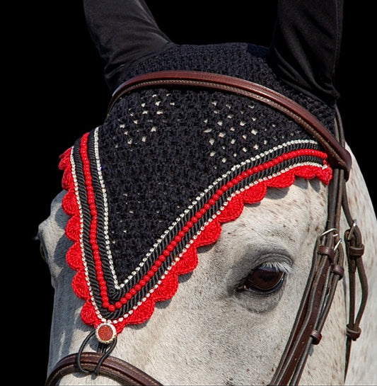 Tiedown Bonnets - Full - Black Base/Red Scallops/1 Red Pearl/2 Clear Bling/2 Piping