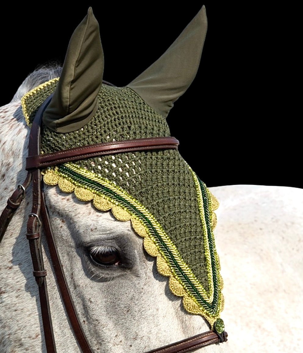 Tiedown Bonnets - Dark Olive Base/Scalloped Edge/With Bling