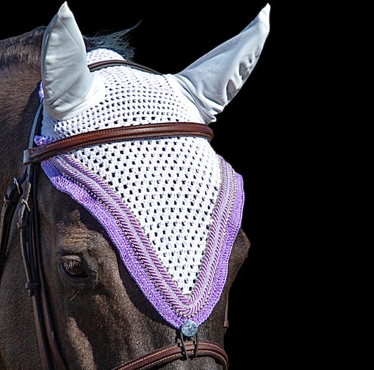 Tiedown Bonnets - Full - White Base/Lilac Straight Edge/2 Clear Bling/1 White Crystal/2 Piping
