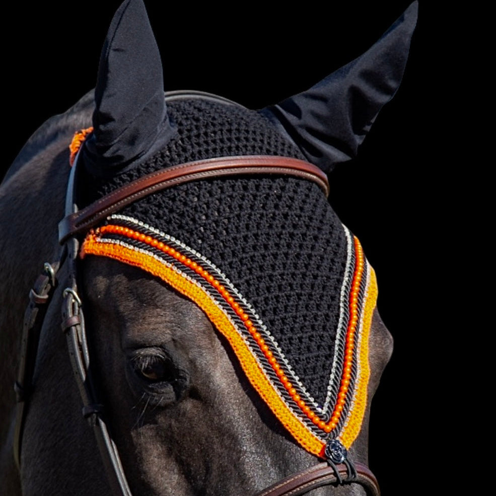 Tiedown Bonnets - Full - Black Base/Orange Straight Edge/1 Orange Pearl/2 Clear Bling/2 Piping