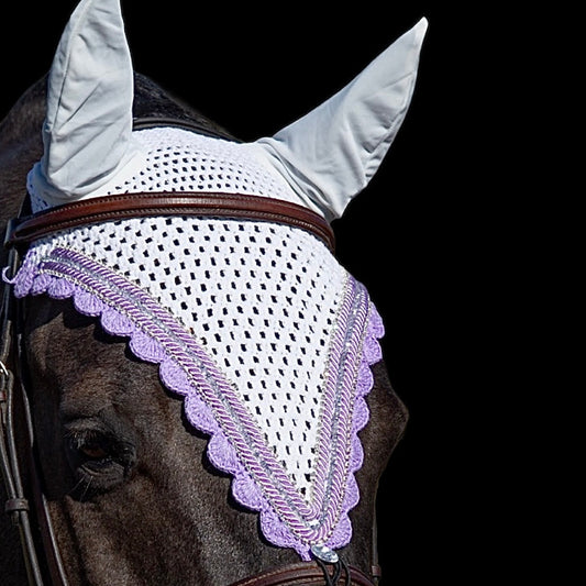 Tiedown Bonnets - Full - White Base/Violet Scallops/Lilac Crystal/2 Clear Bling/2 Piping