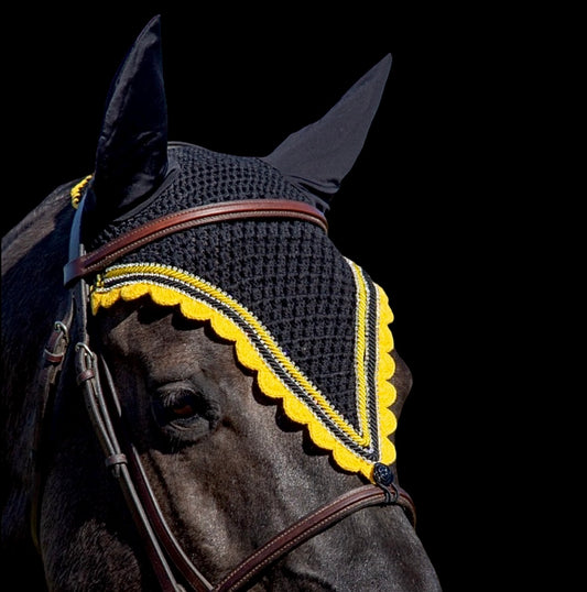 Tiedown Bonnets - Full - Black Base/Yellow Scallops/3 Clear Bling/2 Piping