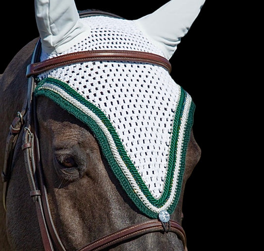 Tiedown Bonnets - Full - White Base/Hunter Green Straight Edge/2 Clear Bling/2 Piping