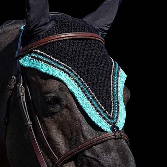 Tiedown Bonnets - Full - Black Base/Turquois Straight Edge/ 1 Turquois Crystals/2 Clear Bling/2 Piping