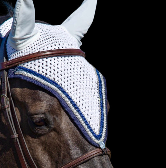 Tiedown Bonnets - Full - White Base/Navy Blue edge/1 Navy Crystal/2 Clear Bling/ 2 Piping