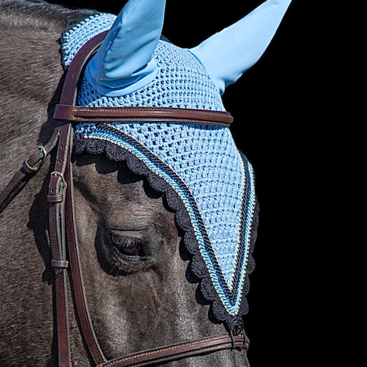 Tiedown Bonnets - Full - Light Blue Base/Black Scallops/1 Navy Crystal/2 Clear Bling/2 Piping