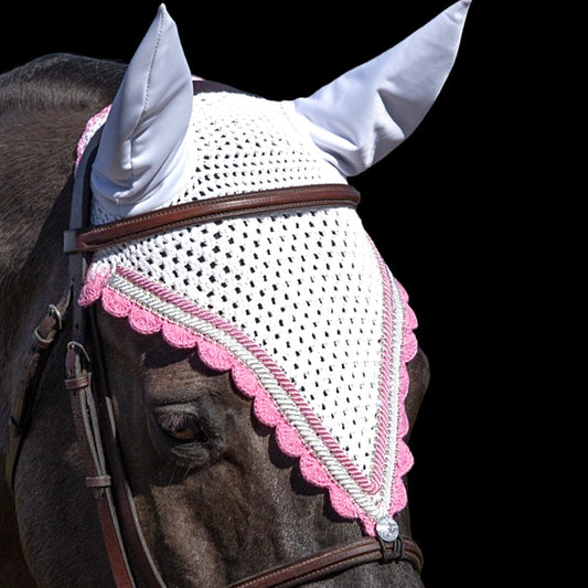 Tiedown Bonnets - Full - White Base/Pink Scallops/3 Clear Bling/2 Piping
