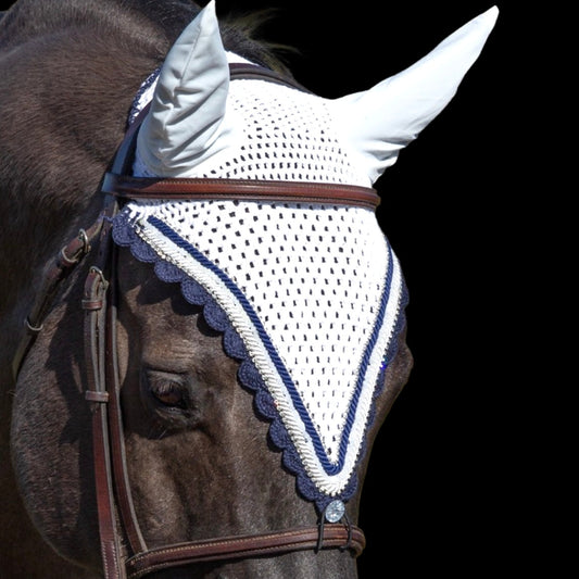 Tiedown Bonnets - Full - White Base/Navy Blue Scallops/1 White Crystal/2 Clear Bling/2 Piping