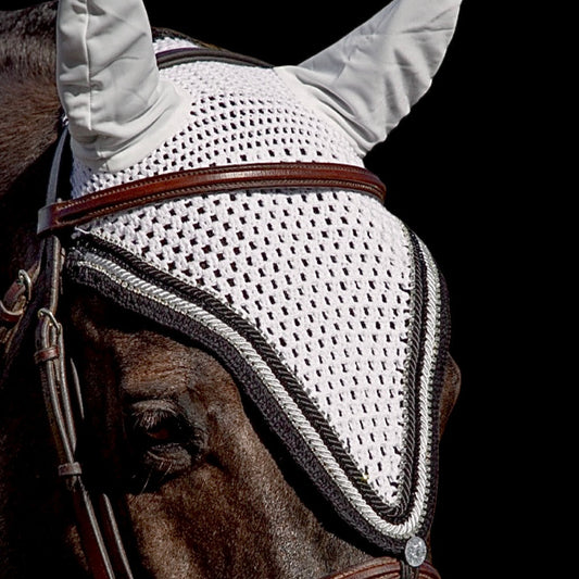 Tiedown Bonnets - Full - White Base/Black Straight Edge/1 Black Crystal/2 Clear Bling/2 Piping