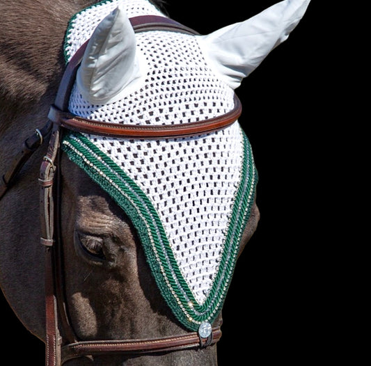 Tiedown Bonnets - Full - White Base/Hunter Green Straight Edge/1 Silver Crystal/2 Clear Bling/2 Piping