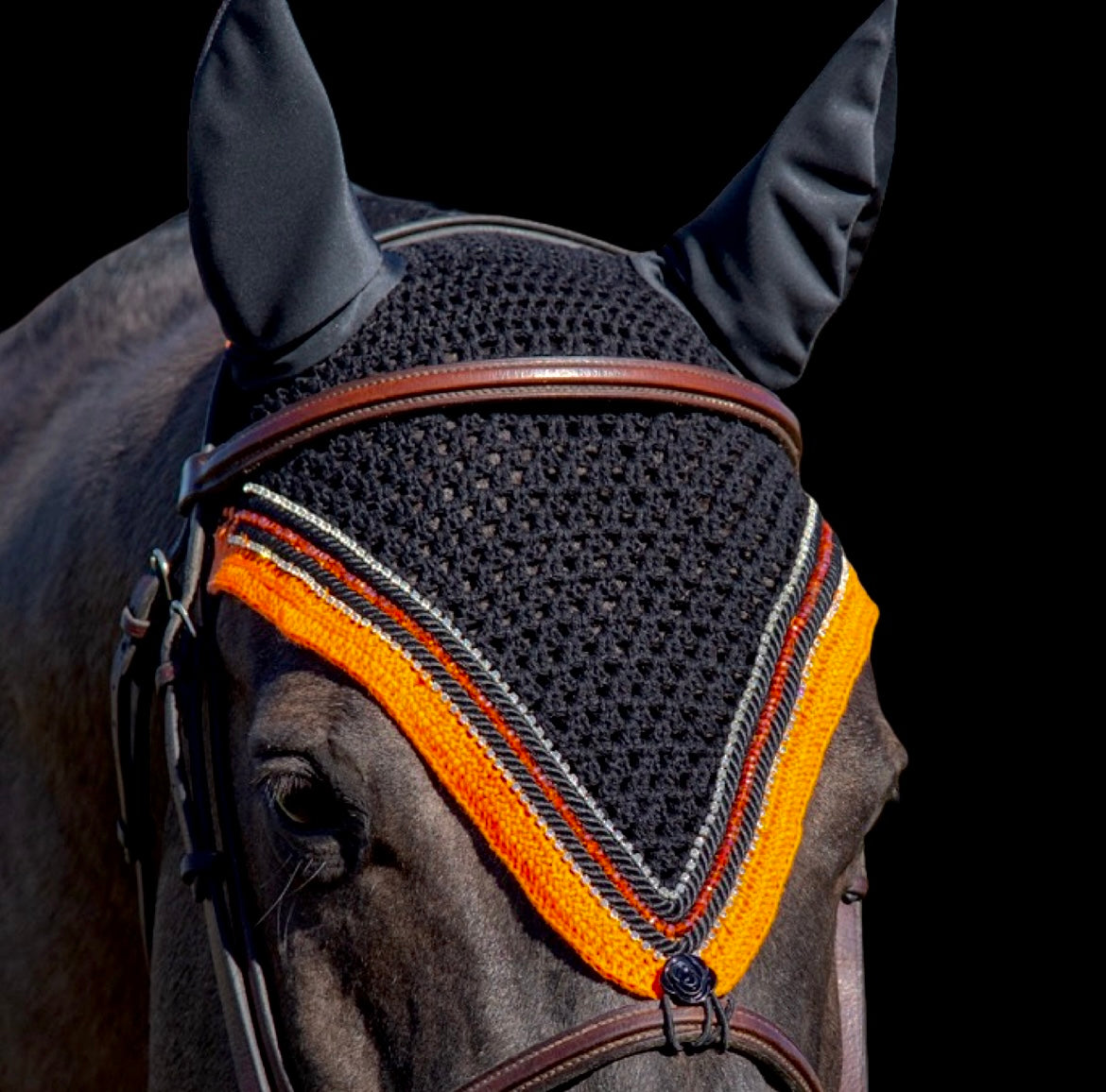 Tiedown Bonnets - Full - Black Base/Orange Straight Edge/1 Orange Crystal/2 Clear Bling/2 Piping
