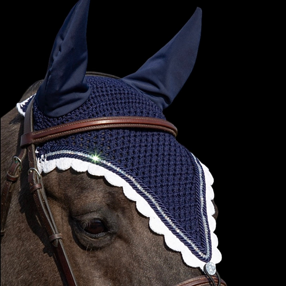 Tiedown Bonnets - Full - Navy Blue Base/White Scallops/1 Clear Crystal/2 Piping