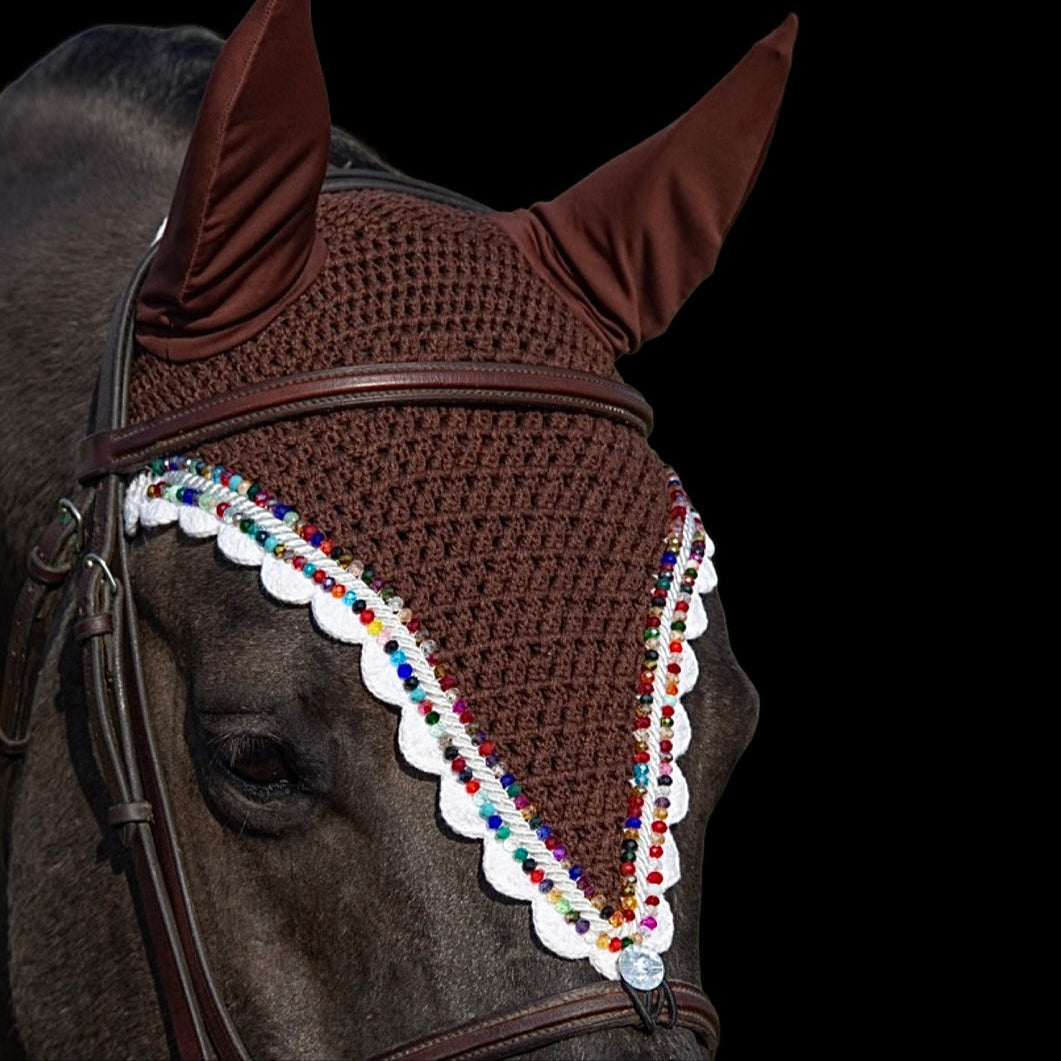 Tiedown Bonnets - Full - Brown Base/White Scallops/2 Multi-Coloured Crystal/1 Piping