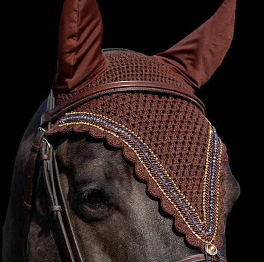 Tiedown Bonnets - Full - Brown Base/Brown Scallops/2 Gold Bling/1 Charcoal Crystal/2 Piping