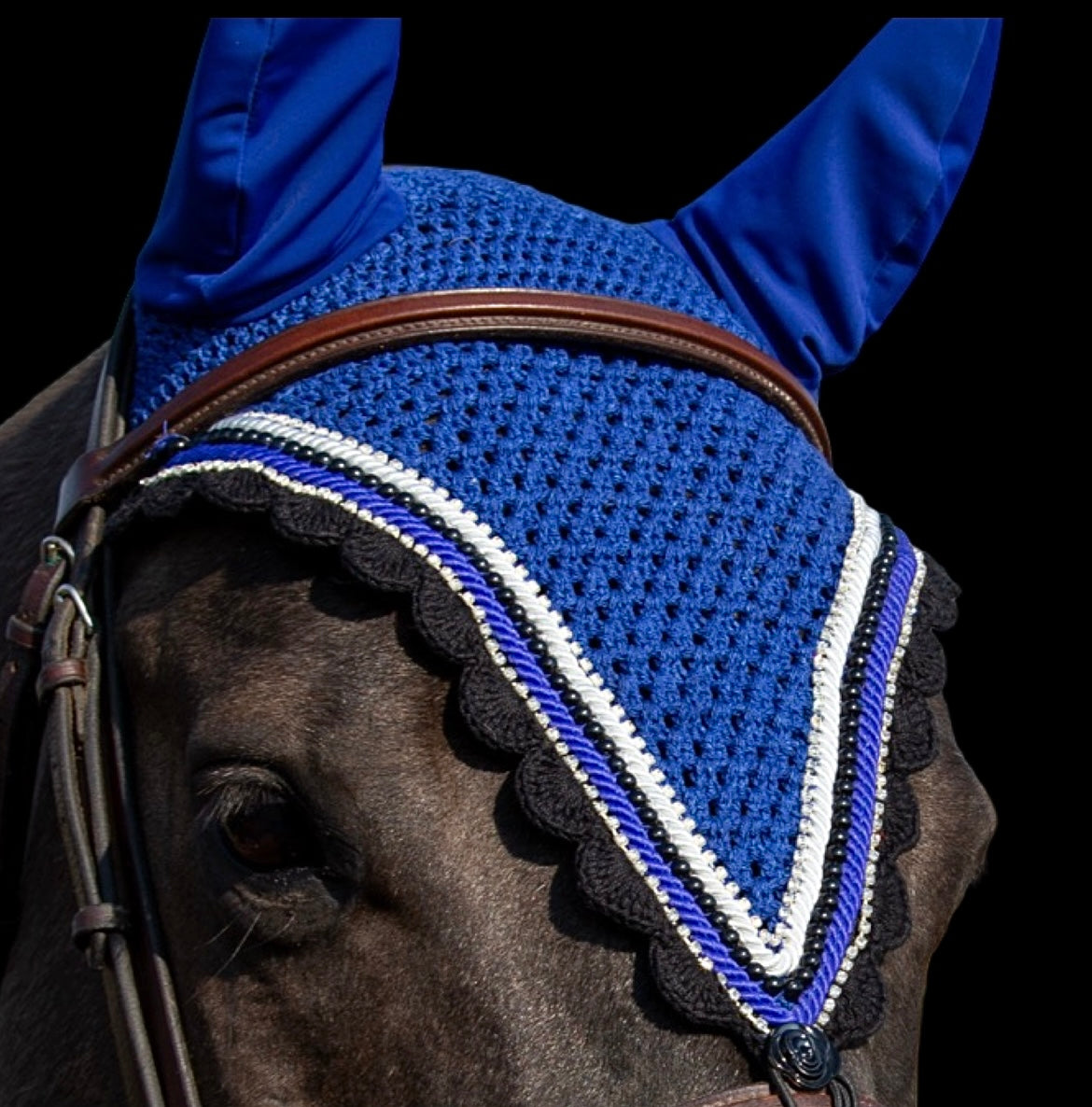 Tiedown Bonnets - Full - Royal Blue Base/Black Scallops/2 Clear Bling/1 Black Pearl/2 Piping