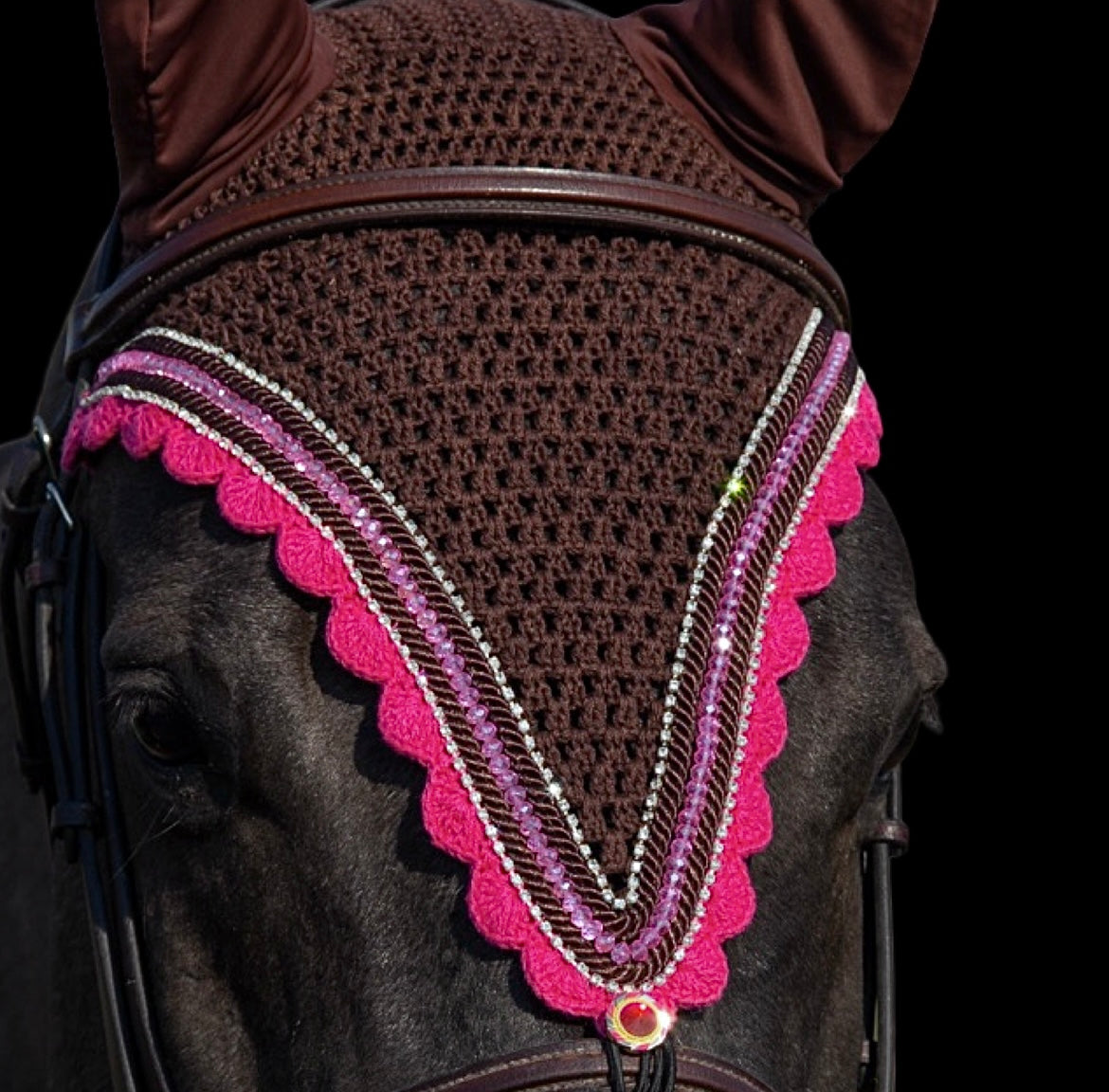 Tiedown Bonnets - Full - Brown Base/Hot Pink Scallops/1 Pink Crystal/2 Clear Bling/2 Piping