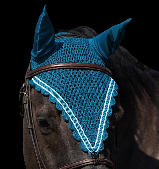 Tiedown Bonnets - Full - Midnight Teal Base/Midnight Teal Scallop Edge/2 White Crystals/1 Piping
