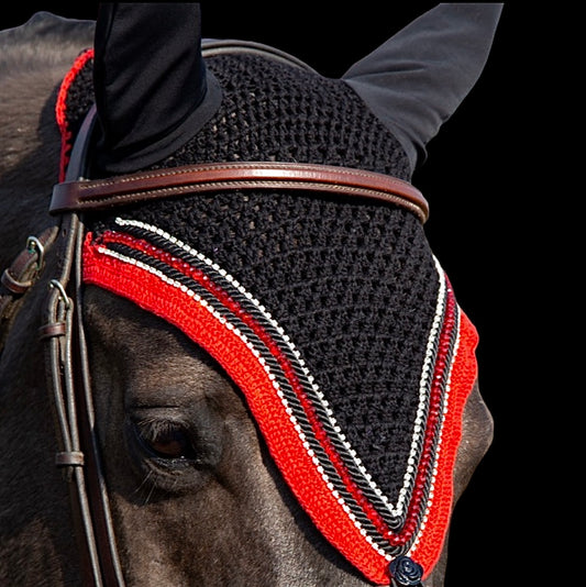 Tiedown Bonnets - Full - Black Base/Red Straight Edge/1 Red Crystal/2 Clear Bling/2 piping