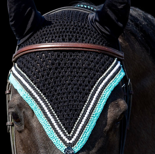 Tiedown Bonnets - Full - Black Base/Turquoise Straight Edge/1 White Pearl/2 Clear Bling/ 2 Piping