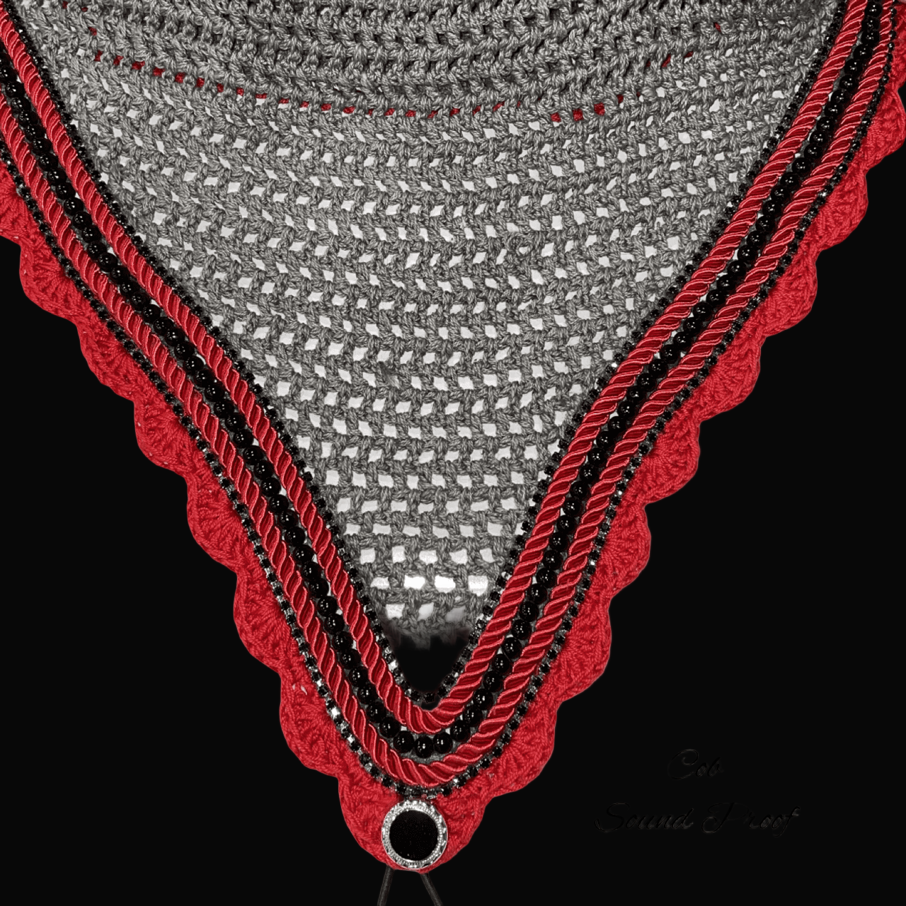 Soundproof - Tie Down Bonnets - Cob - Grey Base/Red Scallops/2 Black Bling/1 Black Pearl/2 Red Piping