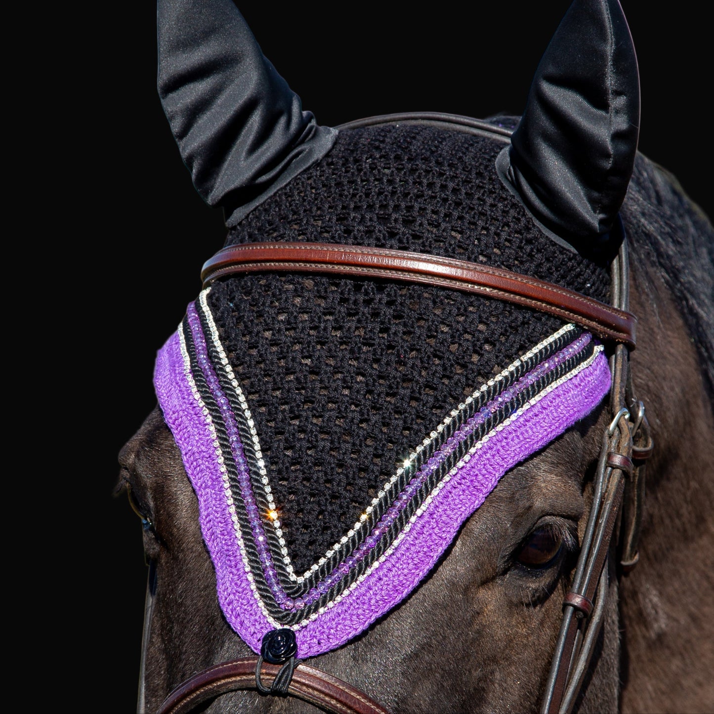Tiedown Bonnets - Full - Black Base/Purple Straight Edge/1 Purple Crystal/2 Clear Bling/2 Piping
