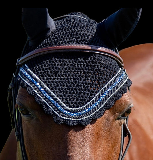 Classic Cut Bonnets - Full - Black Base/Black Scalloped Edge/Silver and Blue Twisted Crystal/2 Clear Bling/ 2 Black Piping