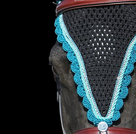 Tiedown Bonnets - Warmblood - Black Base/Dark Teal Scallops/1 Clear Bling/1 Blue Bling/1 Light Blue Piping