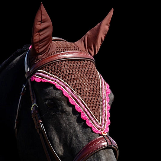 Tiedown Bonnets - Warmblood - Brown Base/Hot Pink Scallops/1 Pink Crystal/2 Clear Bling/2 Piping