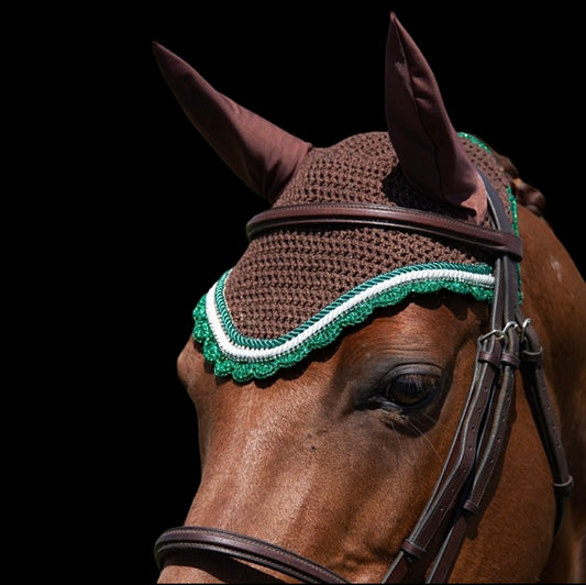 Classic Cut Bonnets - Cob - Dark Brown Base/Sparkly Green Scallops/2 Green Bling/1 Clear Bling/White & Green Piping