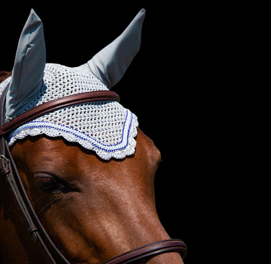 Classic Cut Bonnets - Cob - Grey Base/Grey Scallops/2 Row Blue Bling/Grey Piping