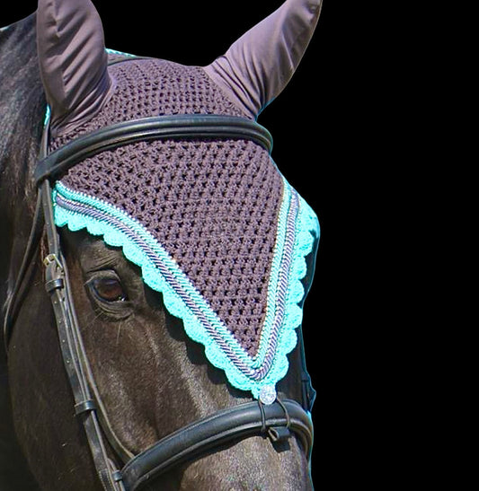 Tiedown Bonnets - Warmblood - Charcoal Base/Teal Scallops/3 Clear Bling/Teal and Grey Piping