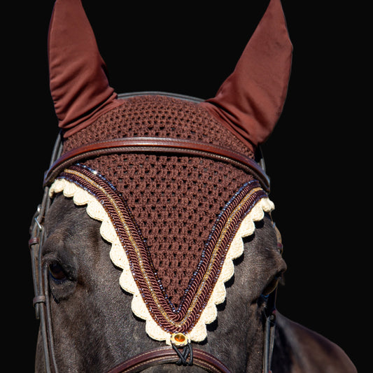Tiedown Bonnets - Full - Brown Base/Cream Scallops/1 Dark Brown Crystal/1 Gold Crystal/1 Copper Crystal/2 Piping