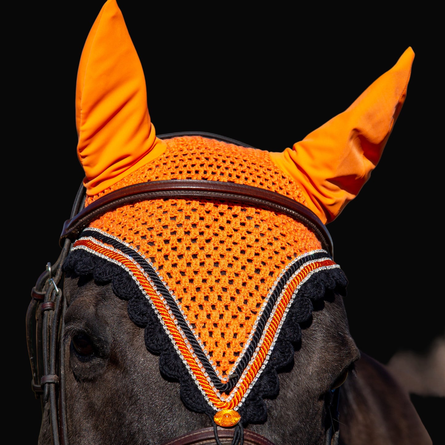 Tiedown Bonnets - Full - Orange Base/Black Scallops/3 Clear Bling/2 Piping