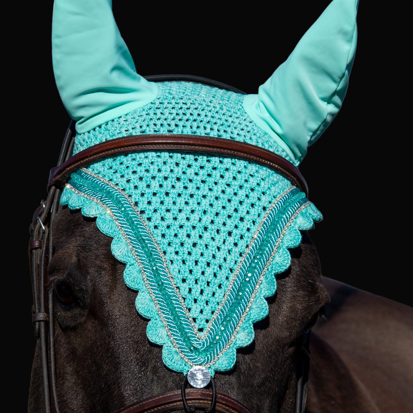 Tiedown Bonnets - Full - Aquamarine Base/Aquamarine Scallops/1 Aquamarine Crystal/2 Clear Bling/ 2 Piping