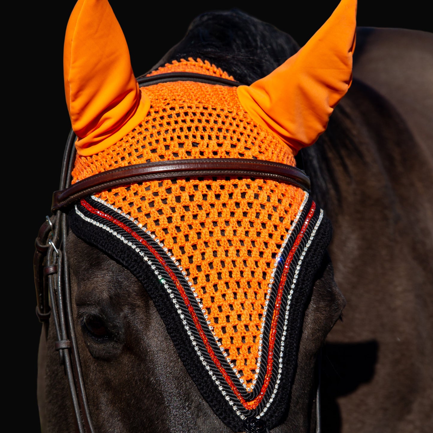 Tiedown Bonnets - Full - Orange Base/Black Straight Edge/1 Orange Crystal/2 Clear Bling/2 Piping