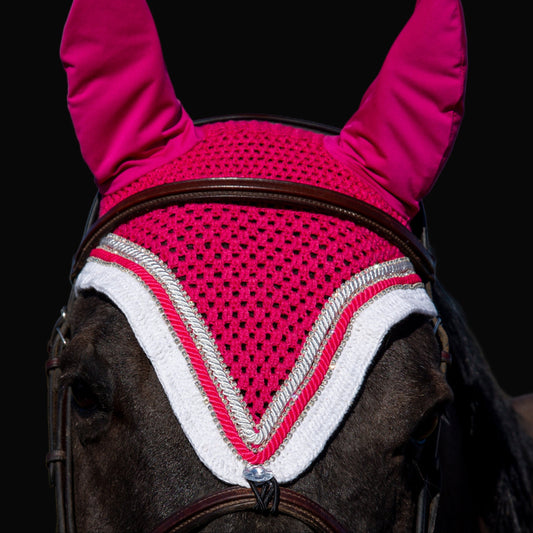 Tiedown Bonnets - Full - Hot Pink Base/White Straight Edge/3 Clear Bling/2 Piping