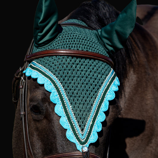 Tiedown Bonnets - Full - Hunter Green Base/Blue Scallops/3 Clear Bling/2 Piping